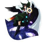  1girl arm_cannon bird_wings black_hair black_wings bow cape energy_ball galaxy hair_bow highres looking_at_viewer m134 red_eyes reiuji_utsuho shirt skirt smile solo space third_eye touhou weapon wings 