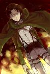  1boy ascot belt black_hair cape dutch_angle fire highres jacket nakamuraimo rivaille shingeki_no_kyojin solo sword thigh_strap weapon 