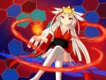  1girl bare_shoulders beatmania beatmania_iidx fire gamachi hair_ornament houou_rinka looking_at_viewer red_eyes skirt solo white_hair 
