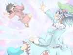  2girls black_hair blue_eyes blue_hair cherry_blossoms hair_bobbles hair_ornament hat kawashiro_nitori multiple_girls open_mouth outstretched_arms short_hair shuga_(soranote) smile spread_arms touhou twintails v 