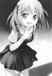  1girl dress finger_on_mouth hataraku_maou-sama! highres looking_at_viewer monochrome open_mouth sasaki_chiho short_twintails twintails 