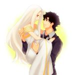  1boy 1girl amakura_(am_as) black_eyes black_hair bridal_carry couple emiya_kiritsugu fate/zero fate_(series) husband_and_wife irisviel_von_einzbern long_hair red_eyes white_hair 