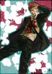  1boy belt blonde_hair blood buckle chain character_name dorohedoro expressionless formal hammer heart_(organ) lips loose_tie mask necktie paint_splatter scar shin_(dorohedoro) shirt solo suit title_drop tuxedo watermark web_address yellow_eyes 