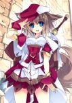 1girl animal_ears blue_eyes brown_hair capelet dog_ears dog_tail hair_ornament hairclip hat looking_at_viewer open_mouth original salute shirokitsune shirt skirt smile solo sword tail weapon wrist_cuffs 