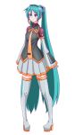  1girl alternate_costume aqua_eyes aqua_hair boots hatsune_miku headset high_heels highres long_hair nail_polish necktie oonishi_shunsuke pigeon-toed shoes simple_background skirt sleeves_past_wrists solo thigh-highs thigh_boots twintails very_long_hair vocaloid white_background 