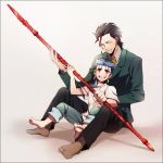 2boys ahoge amakura_(am_as) barefoot black_hair blue_hair child earrings fate/stay_night fate/zero fate_(series) formal gae_dearg jewelry lancer lancer_(fate/zero) long_hair mole multiple_boys no_shoes polearm ponytail red_eyes socks spear suit weapon young