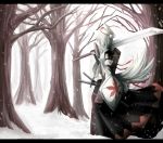  1girl animal_ears dress facing_away forest hat highres inubashiri_momiji japanese_clothes katana kawachii leaf maple_leaf nature over_shoulder ribbon sheath sheathed shield skirt snow sword sword_over_shoulder tail tokin_hat touhou unsheathed weapon weapon_over_shoulder white_hair wolf_ears wolf_tail 