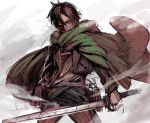  1boy black_hair cloak eren_jaeger male nkmr8 pants red_eyes shingeki_no_kyojin solo spoilers sword weapon 