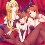  +_+ 3girls animal_ears ass blonde_hair blush bowtie breasts brown_eyes brown_hair bunny_tail bunnysuit cleavage detached_collar fake_animal_ears large_breasts leotard long_hair misaka_mikoto mugino_shizuri multiple_girls pantyhose rabbit_ears shokuhou_misaki short_hair sitting smile tail to_aru_kagaku_no_railgun to_aru_majutsu_no_index touryou wrist_cuffs 