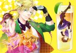  bowtie brown_hair caesar_anthonio_zeppeli checkered cropped_jacket crossdressinging facial_mark fingerless_gloves gloves green_jacket hair_ribbon headband hiokirasu jojo_no_kimyou_na_bouken joseph_joestar_(young) male ribbon unmoving_pattern water yellow_background 