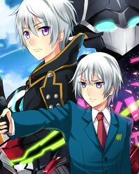  2boys bodysuit chamber_(suisei_no_gargantia) kakumeiki_valvrave l-elf ledo_(suisei_no_gargantia) male mecha multiple_boys short_hair silver_hair suisei_no_gargantia uniform valvrave violet_eyes 