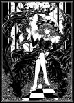  acryl checkered checkered_floor crossed_legs dress elbow_gloves gloves hat looking_at_viewer monochrome remilia_scarlet sitting touhou 