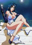  1girl absurdres anklet bare_shoulders blue_hair bracelet breasts brown_eyes chidori_kaname city cross derivative_work elbow_gloves full_metal_panic! gloves gun high_heels highres jewelry large_breasts legs long_hair long_legs photoshop shoes sitting smile solo stairs strap_slip weapon 