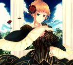  1girl beatrice blonde_hair blue_eyes dress flower hair_bun hair_flower hair_ornament hand_on_hip highres petals pillar pipe sky smile tree umineko_no_naku_koro_ni wide_sleeves yukari78 