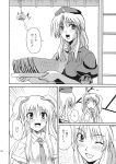  2girls blush comic food fruit highres monochrome multiple_girls open_mouth reisen_udongein_inaba size_difference takaku_toshihiko touhou translation_request watermelon wink 