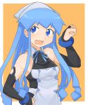 1girl blue_eyes blue_hair cosplay dream_c_club hat ianeramatati ikamusume long_hair shinryaku!_ikamusume tentacle_hair waitress 
