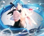  1girl barefoot blue_eyes blue_hair bottle_miku bubble fish frilled_skirt goldfish hair_ribbon hatsune_miku liquid_hair long_hair looking_at_viewer pleated_skirt ribbon school_uniform serafuku skirt solo tiahszld twintails very_long_hair vocaloid 