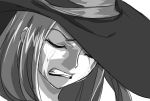  1girl close-up closed_eyes commentary crying dragon&#039;s_crown face hat long_hair matsu-sensei monochrome solo sorceress_(dragon&#039;s_crown) tears witch_hat 