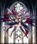  1girl absurdres anbe_yoshirou black_legwear breasts cape center_opening cleavage gothic_architecture grey_hair highres pink_eyes sword tagme thigh-highs weapon 