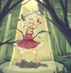  +_+ 1girl :d arm_up blonde_hair blush flandre_scarlet forest hat highres mary_janes master_sword nature open_mouth red_eyes shoes smile solo sword the_legend_of_zelda touhou weapon wings yunuki_uta 
