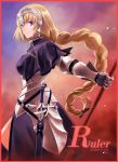  1girl armor armored_dress blonde_hair braid breasts capelet chain character_name fate/apocrypha fate_(series) faulds gauntlets headpiece long_hair ruler_(fate/apocrypha) sheath sheathed shirotsumekusa single_braid solo sparks staff sword weapon 