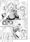  blood blood_from_mouth blood_spray bloody_clothes breasts canister comic hat hat_removed headwear_removed highres large_breasts monochrome reisen_udongein_inaba takaku_toshihiko tears touhou translation_request wink yagokoro_eirin 