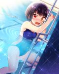  1girl black_hair competition_swimsuit ensemble_girls eyepatch eyepatch_removed heterochromia one-piece_swimsuit original pool pool_ladder short_hair submerged swimsuit water 