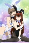  absurdres amane_suzuha animal_ears blue_eyes blush bowtie braid brown_hair bunny_tail bunnysuit detached_collar fishnet_pantyhose fishnets garter_straps green_eyes highres long_hair makise_kurisu pantyhose rabbit_ears steins;gate tail thigh-highs twin_braids wink wrist_cuffs 