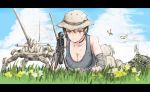  1girl artillery bipod boonie_hat breasts brown_eyes brown_hair butterfly cannon cleavage clouds gloves grass gun hat headset letterboxed mecha military military_uniform original radio_antenna scope soldier sweat tank_top uniform weapon yrafy 