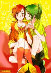  2girls blush green_eyes green_hair hino_akane holding_hands midorikawa_nao multiple_girls precure red_eyes redhead short_hair smile smile_precure! tima 