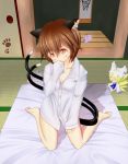  blush character_doll chen highres ketama_sensha kneeling mattress no_hat no_headwear shirt solo touhou yakumo_ran 