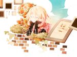  1girl blonde_hair brick closed_eyes fence flower head_rest ia_(vocaloid) long_hair painting picture_frame plant rose smile snowfall0617 tulip vocaloid 