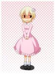  1girl aki_shizuha blonde_hair cato_(monocatienus) dress flower hair_ornament hairpin halftone halftone_background highres nervous pink_dress shaded_face short_hair solo touhou v_arms 