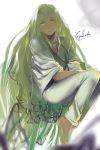  1boy absurdres androgynous butterfly dated enkidu_(fate/strange_fake) fate/strange_fake fate_(series) green_eyes green_hair highres long_hair robe rrr_(627470487) signature solo 