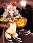  1girl basket bat bikini bonba breasts brown_eyes candy cape crown food ghost halloween highres jack-o&#039;-lantern lollipop long_hair moon night original pumpkin silver_hair smile solo striped striped_legwear swimsuit thigh-highs tree 