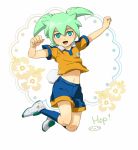  1boy bunny_tail green_eyes green_hair inazuma_eleven_(series) inazuma_eleven_go inazuma_eleven_go_chrono_stone jumping lightning_bolt looking_at_viewer male midriff mizuhara_aki navel open_mouth raimon soccer_uniform solo tail white_background 