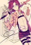  1girl expressionless flat_chest glasses hanji_zoe highres jacket purple_hair shingeki_no_kyojin solo suspenders sword thigh_strap violet_eyes weapon 