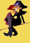  1girl blonde_hair broom broom_riding hat kise_yayoi looking_at_viewer precure simple_background smile smile_precure! solo tima witch_hat yellow_background 