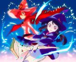  2girls akko_kagari brown_hair cape dated dress fireworks hat little_witch_academia looking_at_viewer multiple_girls open_mouth pink_eyes red_eyes redhead shiny_chariot signature smile staff witch witch_hat yoisho_(hami) 