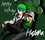  birthday blazblue character_name couch crossed_legs fedora fingerless_gloves fingernails gloves green_hair hat hazama male mouth_hold necktie sitting solo yellow_eyes 