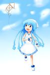  1girl blue_eyes blue_hair dress hat highres ikamusume k.u.n.e. kite long_hair shinryaku!_ikamusume tentacle_hair 