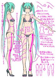  1girl bra green_hair hatsune_miku high_heels long_hair panties profile shoes solo translation_request twintails underwear very_long_hair vocaloid white_background wokada 