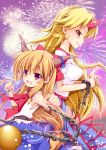  2girls blonde_hair brown_hair chain enjoy_mix fireworks horn horn_ribbon horns hoshiguma_yuugi ibuki_suika long_hair multiple_girls ribbon shackle sleeveless touhou very_long_hair violet_eyes yellow_eyes 