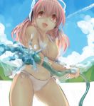  1girl bare_shoulders bikini breasts headphones long_hair nitroplus pink_eyes pink_hair side-tie_bikini smile solo super_sonico swimsuit tsuburaya_35 water_hose white_bikini 