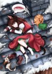  alternate_costume alternate_hairstyle bell cat chen dreaming fish hat hat_removed headwear_removed highres long_hair lying rooftop saliva skyspace sleeping snow touhou 