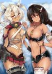  2girls absurdres azur_lane black_hair blue_sky blush breasts closed_mouth clouds cloudy_sky eyebrows_visible_through_hair hair_between_eyes highres huge_filesize kantai_collection large_breasts long_hair looking_at_viewer multiple_girls musashi_(kantai_collection) orange_eyes red_eyes skirt sky south_dakota_(azur_lane) tini torn_clothes torn_skirt white_hair 