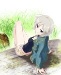  1girl anastasia_(idolmaster) argon blue_eyes breasts cleavage idolmaster idolmaster_cinderella_girls jacket short_hair shorts silver_hair sitting smile solo 