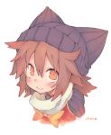  1girl blush brown_hair bust character_name chen hat looking_at_viewer morino_hon orange_eyes rough short_hair simple_background smile solo touhou white_background 