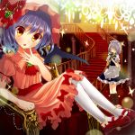  2girls :o apron bat_wings blue_hair blush boots braid closed_eyes fang hat highres izayoi_sakuya jewelry looking_at_viewer maid maid_headdress mary_janes multiple_girls okemai pantyhose playing_instrument red_eyes remilia_scarlet shoes short_hair silver_hair sitting stairway touhou twin_braids waist_apron white_legwear wings 