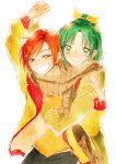  2girls green_eyes green_hair grin hino_akane holding_hands hug looking_at_viewer midorikawa_nao multiple_girls precure redhead scarf shared_scarf short_hair simple_background smile smile_precure! tima white_background 